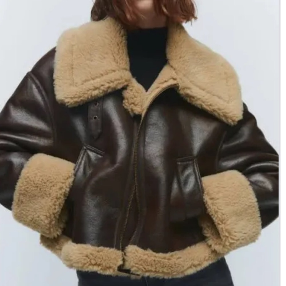Zara Brown Leather Jacket with Tan Shearling